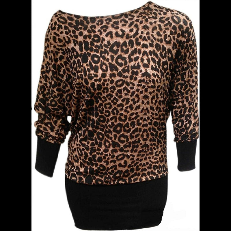 Ladies Womens Long Sleeve Boat Neck Brown Leopard Long Stretchy Fancy Party Wear Batwing Top