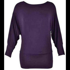 Ladies Womens Long Sleeve Boat Neck  Purple Long Stretchy Fancy Party Wear Batwing Top