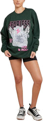 Womens Fearless Tiger Printed Sweatshirt Ladies Long Sleeve Crew Neck Baggy Jumper in bottle green colour
