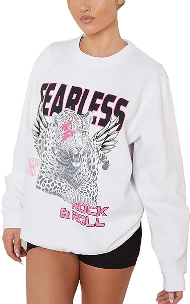Womens Fearless Tiger Printed Sweatshirt Ladies Long Sleeve Crew Neck Baggy Jumper in white colour