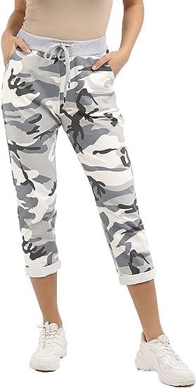 Womens Beige Camouflage Pant Turn Up Italian Trousers Ladies Ribbed Waistband Drawstring Pant
