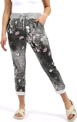 Womens Floral Ribbed Waistband Rose Printed Denim Pants Turn Up Italian Trousers