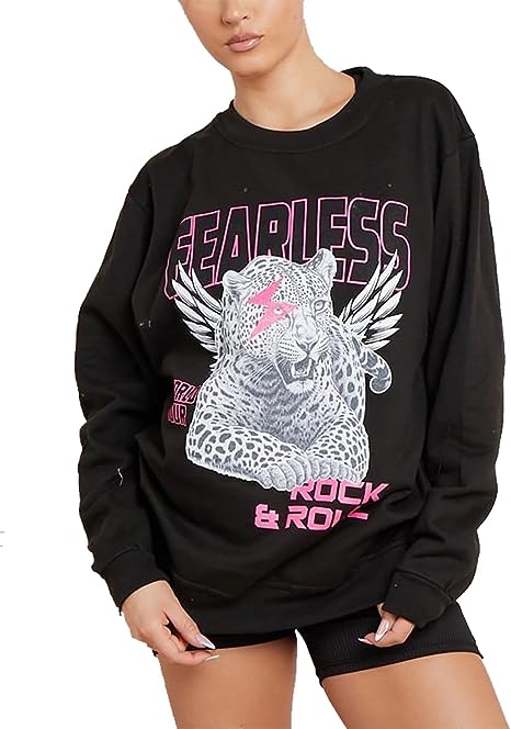 Womens Fearless Tiger Printed Sweatshirt Ladies Long Sleeve Crew Neck Baggy Jumper in black colour