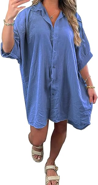 c2pwear Womens Short Sleeve Button Up Collared T Shirt Ladies Plain Oversized T Shirt Loose Fit Tunic Top One Size