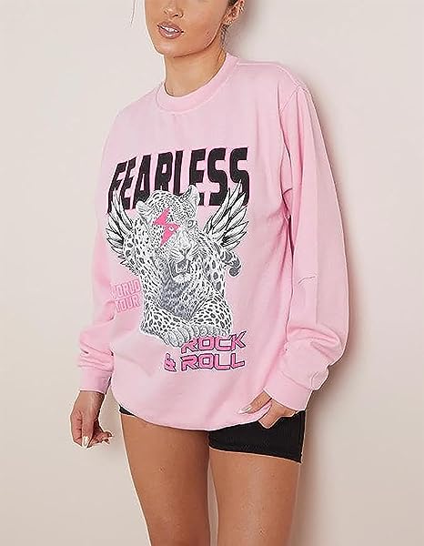 Womens Fearless Tiger Printed Sweatshirt Ladies Long Sleeve Crew Neck Baggy Jumper