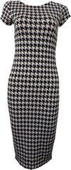 Womens Fancy Cap Sleeve Dog Teeth Printed Bodycon Midi Dress Ladies Round Neck Party Wear Dress Small/2X Large (UK 8-22)