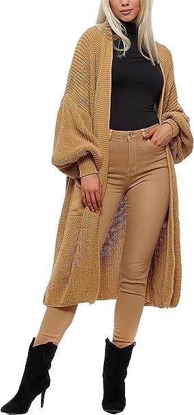 Ladies Camel Chunky Knitted Balloon Sleeve Oversize Cardigan Womens Open Front Baggy Fit Cardigan