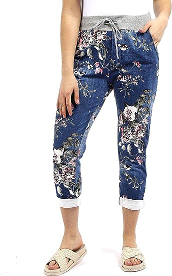 Womens Dark Blue Rose Floral Printed Denim Pant Turn Up Italian Trousers Ladies Ribbed Waistband Drawstring Pant