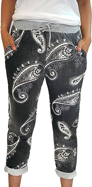 Womens Black Paisly Printed Denim Pants Turn Up Italian Trousers Ladies Ribbed Waistband Drawstring Pants