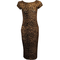 Womens Fancy Cap Sleeve Leopard Printed Bodycon Midi Dress Ladies Round Neck Party Wear Dress Small/2X Large (UK 8-22)