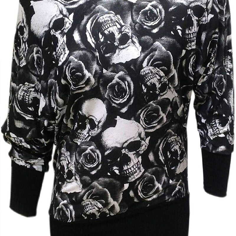 Ladies Womens Long Sleeve Boat Neck Skull Rose Long Stretchy Fancy Party Wear Batwing Top