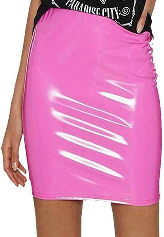 Womens High Waist Vinyl PVC Shiny Wet Look Mini Pencil Bodycon Party Wear Skirt