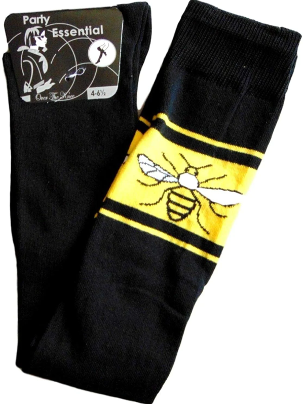 Bee Print Festival OTK Socks Womens Ladies Black Over The Knee Casual Socks