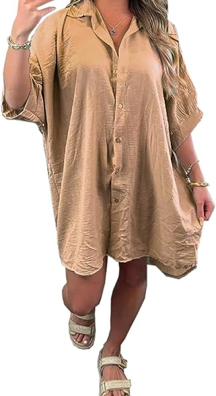 c2pwear Womens Short Sleeve Button Up Collared T Shirt Ladies Plain Oversized T Shirt Loose Fit Tunic Top One Size