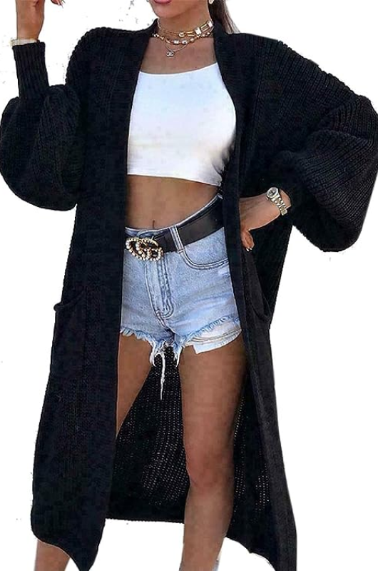 Ladies Black and Brown Chunky Knitted Balloon Sleeve Oversize Cardigan Womens Open Front Baggy Fit Cardigan