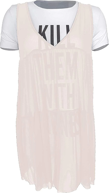 Copy of Womens Plus Size White Sheer Mesh Kill Them with Kindness Slogan Peach Tulle T Shirt Dress