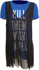 Womens Plus Size Royal Blue Sheer Mesh Kill Them with Kindness Slogan Black Tulle T Shirt Dress
