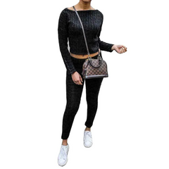 Women Chunky Cable Knitted Fitted Top Legging Loungewear Tracksuit  Co ord Set Black