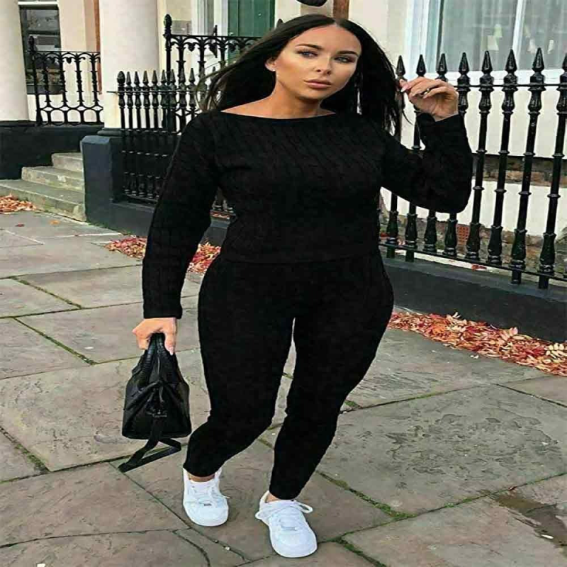 Women Chunky Cable Knitted Fitted Top Legging Loungewear Tracksuit  Co ord Set Black