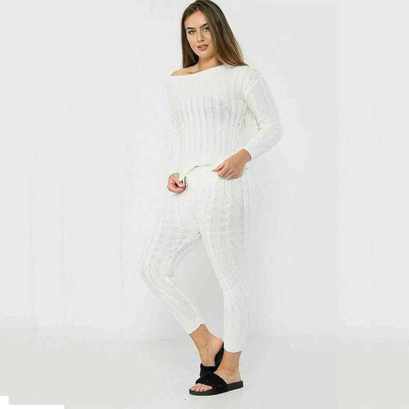 Women Chunky Cable Knitted Fitted Top Legging Tracksuit Ladies Co ord Loungewear