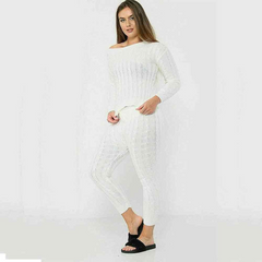 Women Chunky Cable Knitted Fitted Top Legging Loungewear Tracksuit  Co ord Set Cream