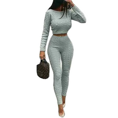 Women Chunky Cable Knitted Fitted Top Legging Loungewear Tracksuit  Co ord Set Silver Grey
