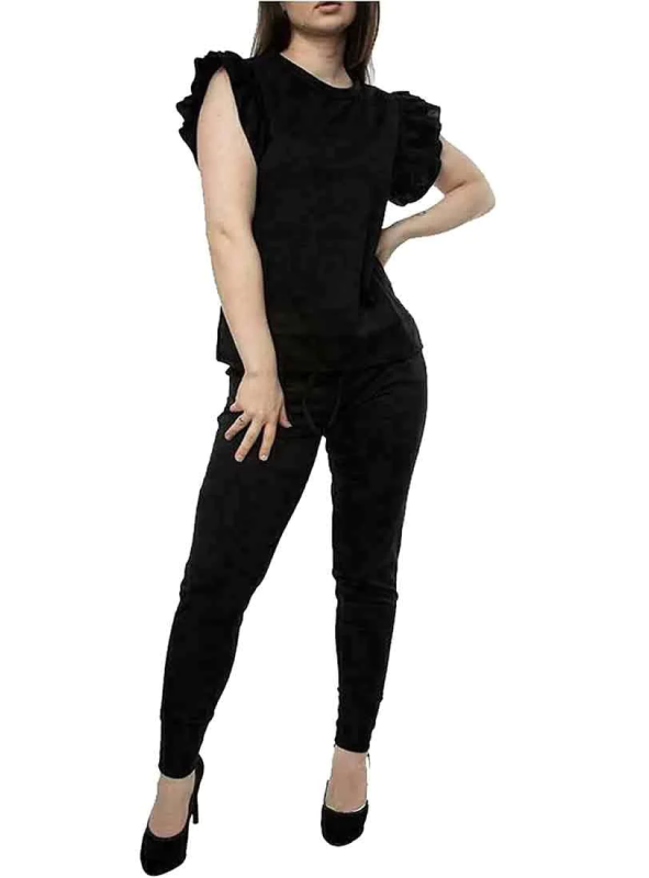 Womens Frill Sleeve Summer Jogging Bottom Top Loungewear Tracksuit Black