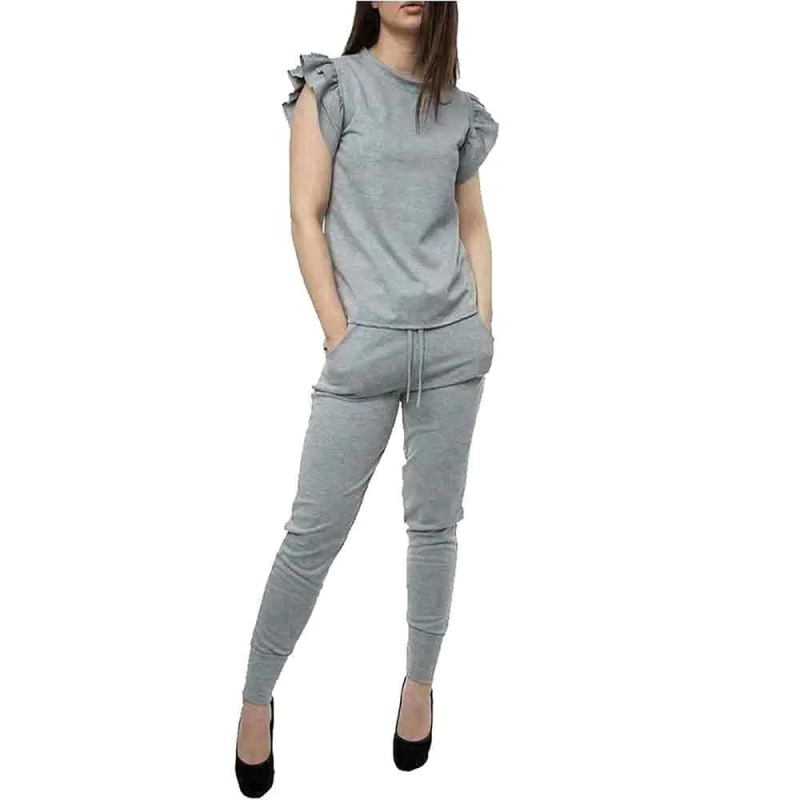 Womens Frill Sleeve Summer Jogging Bottom Top Loungewear Tracksuit Grey