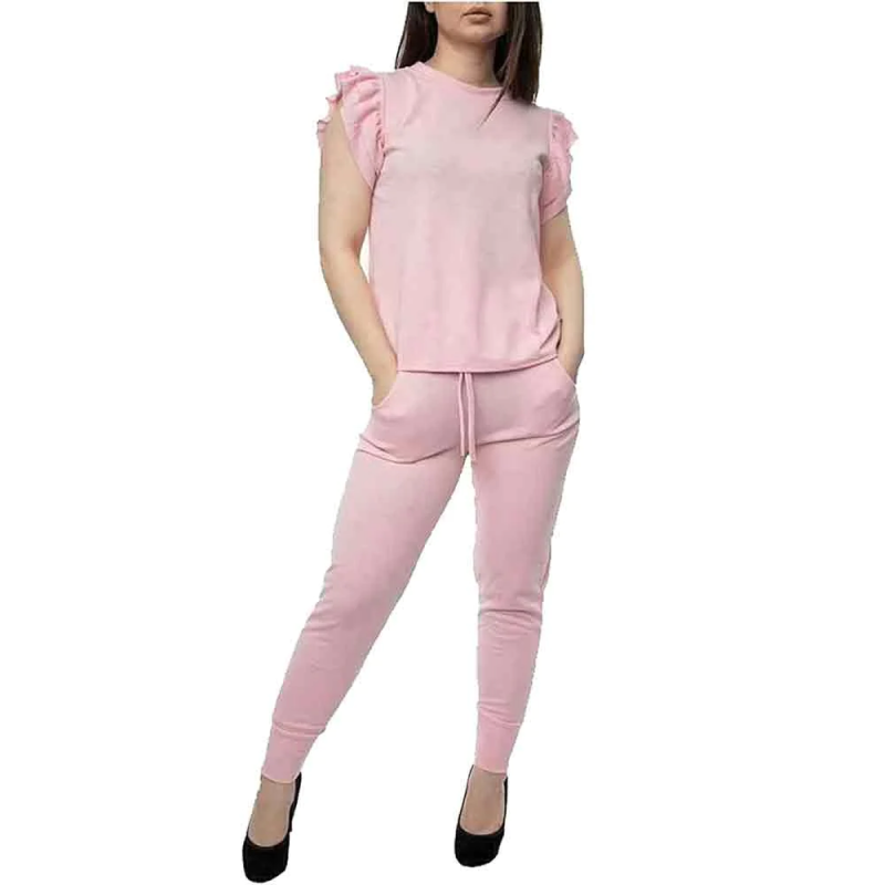 Womens Frill Sleeve Summer Jogging Bottom Top Loungewear Tracksuit Pink