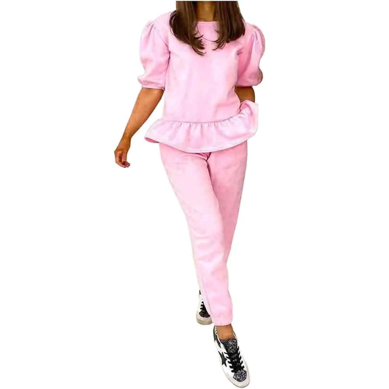 Womens 2 Piece Short Sleeve Frill Peplum Top Bottom Loungewear Tracksuit Set Pink