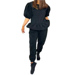Womens 2 Piece Short Sleeve Frill Peplum Top Bottom Loungewear Tracksuit Set Black