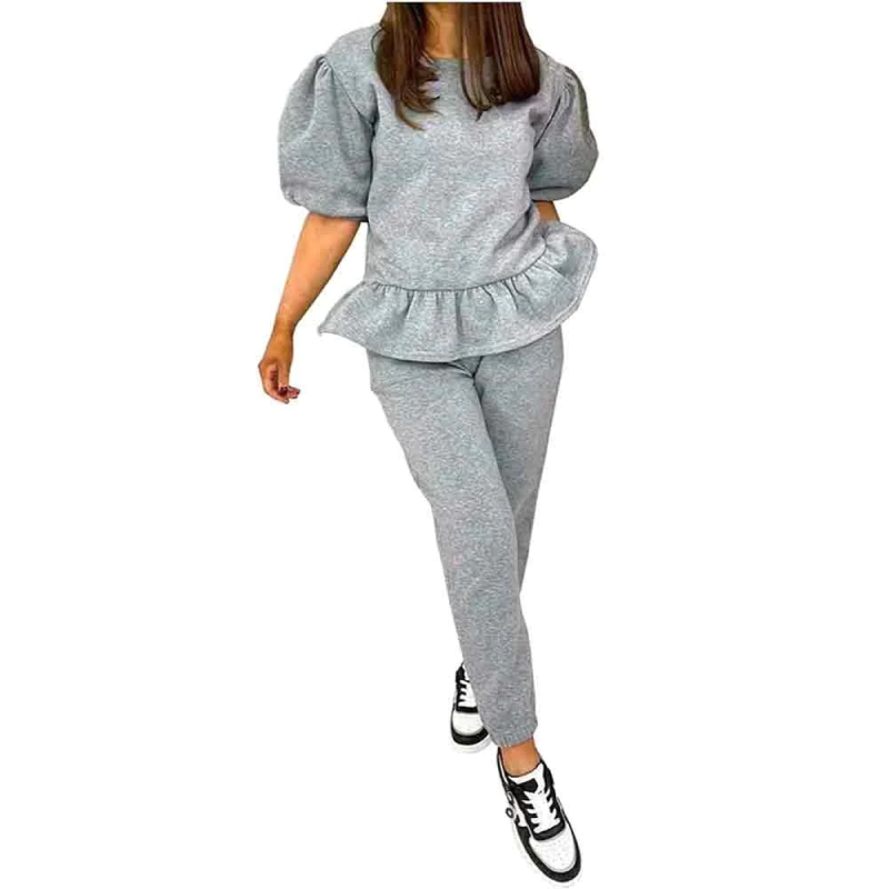 Womens 2 Piece Short Sleeve Frill Peplum Top Bottom Loungewear Tracksuit Set Grey
