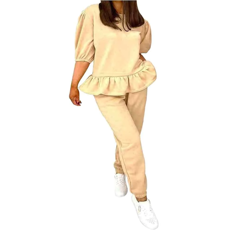 Womens 2 Piece Short Sleeve Frill Peplum Top Bottom Loungewear Tracksuit Set Stone