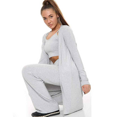 Womens Plain 3Piece Loungewear Set Crop Top Cardigan Palazzo Tracksuit Grey
