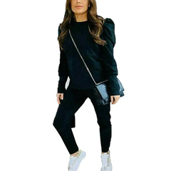 Womens Plain Long Puff Sleeve Sports Workout Wear Loungewear Tracksuit Set Black