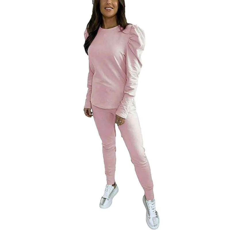 Womens Plain Long Puff Sleeve Sports Workout Wear Loungewear Tracksuit Set Pink