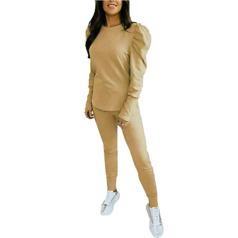 Ladies Women Long Puff Sleeve Plain Loungewear Set Sports Workout Wear Tracksuit