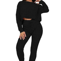 Ladies Cable Knitted Baggy Casual Loungewear Legging Tracksuit Set Black