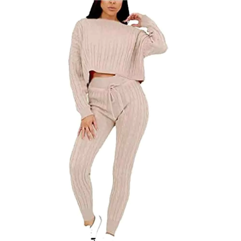 Ladies Cable Knitted Baggy Casual Loungewear Legging Tracksuit Set Stone