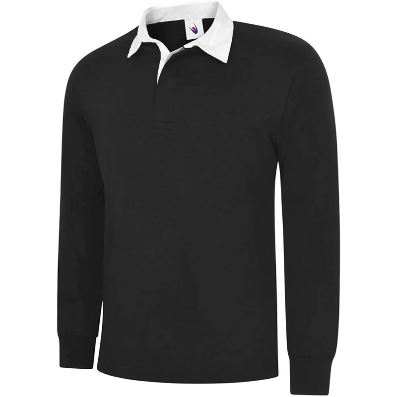 Mens Plain Woven Collar Long Sleeves Rugby Shirts Adults Slim Fit Taped Neck T Shirts