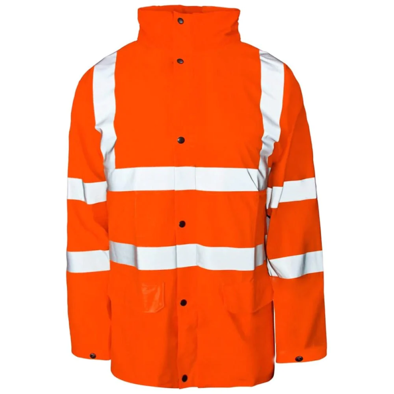 Mens Adult High Visibility PU Jacket Hi Vis Rain Patch Safety Work Wear Top Coat Orange