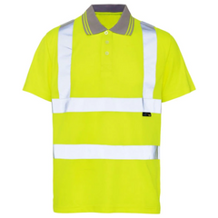 Hi Vis Reflective Bird Eye T Shirt Mens Ribbed Collar Short Sleeves Top Yellow