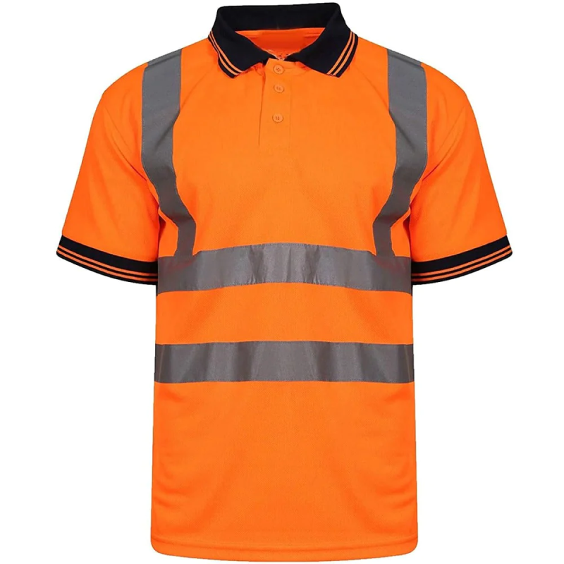 High Visibility Reflective Safety Work T Shirt Mens Hi Viz Vis Short Sleeve Top Small/5X-Large Orange with Navy Collar