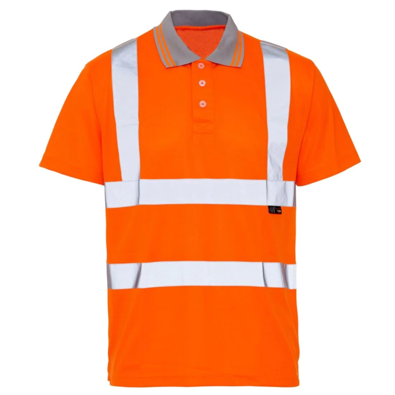 Hi Vis Reflective Bird Eye T Shirt Mens Ribbed Collar Short Sleeves Top Orange