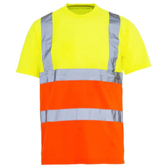Adults Hi Vis 2 Tone Short Sleeve Tees Top Mens Plain Reflective Outdoor T Shirt Yellow-Orange