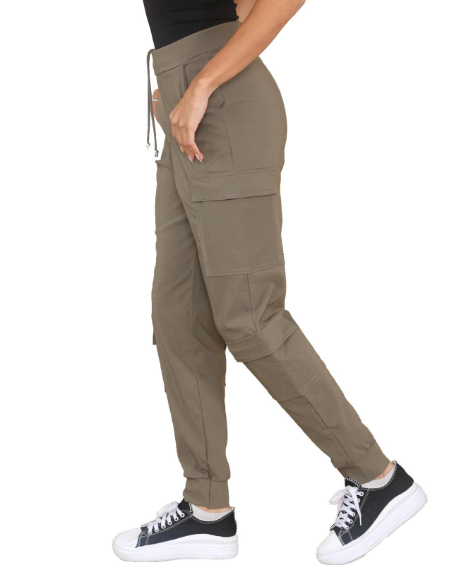 Womens High Waist Drawstring Side Pocket cargo Trousers Full Length Combat Pants