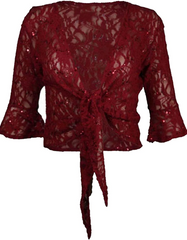 Womens Sequin Lace 3/4 Bell Sleeve Tie Up Shrug Ladies Fancy Dress Party Cardigan UK 12-26