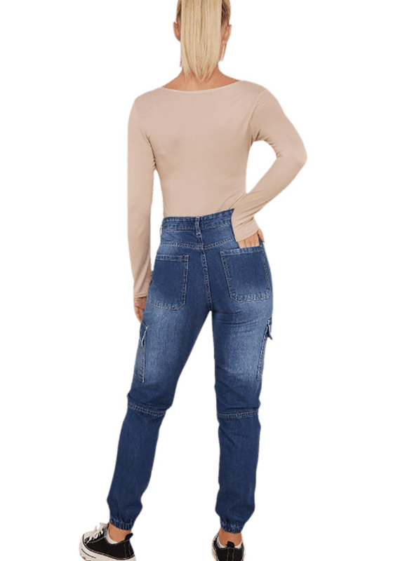 Women Skinny Regular Fit Cargo Trousers Ladies Cuffed Bottom Denim Jeans Joggers