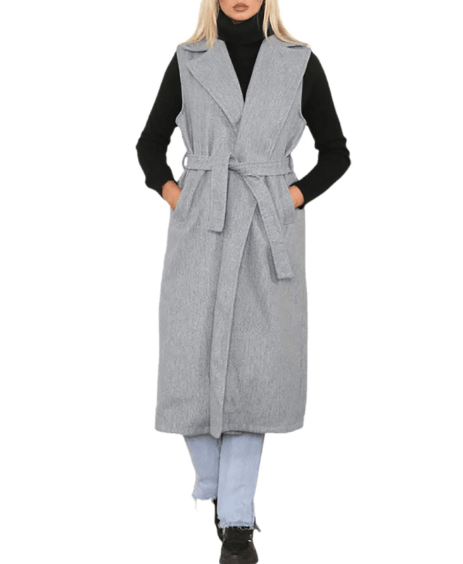 Womens Sleeveless Tailored Belted Coat Long Italian Duster Coat Pocket Waistcoat