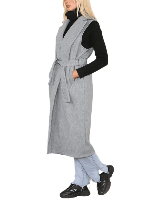 Womens Sleeveless Tailored Belted Coat Long Italian Duster Coat Pocket Waistcoat